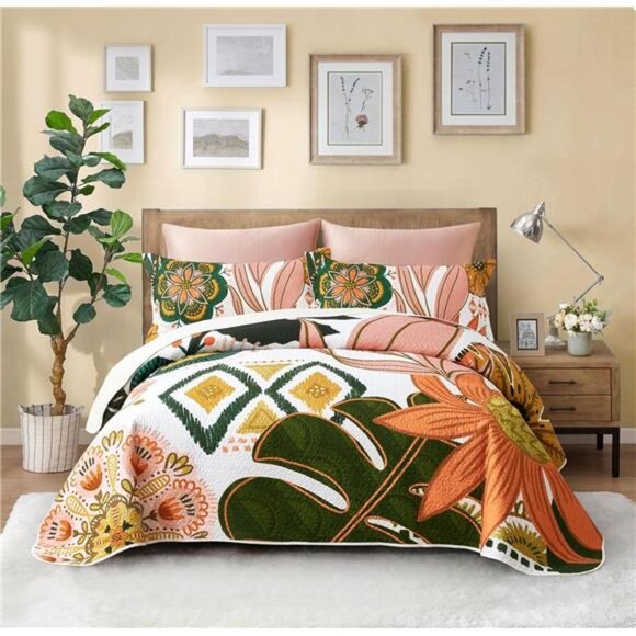 3 Piece Boho Floral Full/Queen Quilt Sets Farmhouse Botanical Reversible - Picture 1 of 7